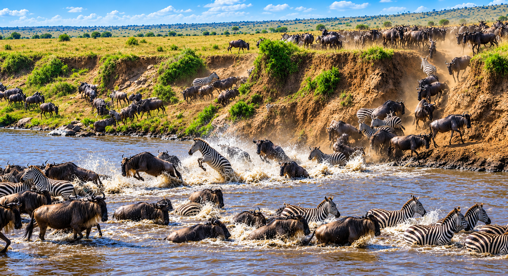 Wildebeest and zebras crossing the Mara River during the Great Migration