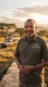 Editorial portrait of Juma Macha, an experienced East African head safari guide in a khaki field shirt, smiling calmly under the soft golden light of Arusha, Tanzania, high-end natural photography style.