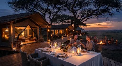 Luxury Serengeti tented camp situated beneath ancient acacia trees at dusk, cozy glowing canvas lanterns, pristine safari dining table setting, luxury Tanzanian expedition feeling.