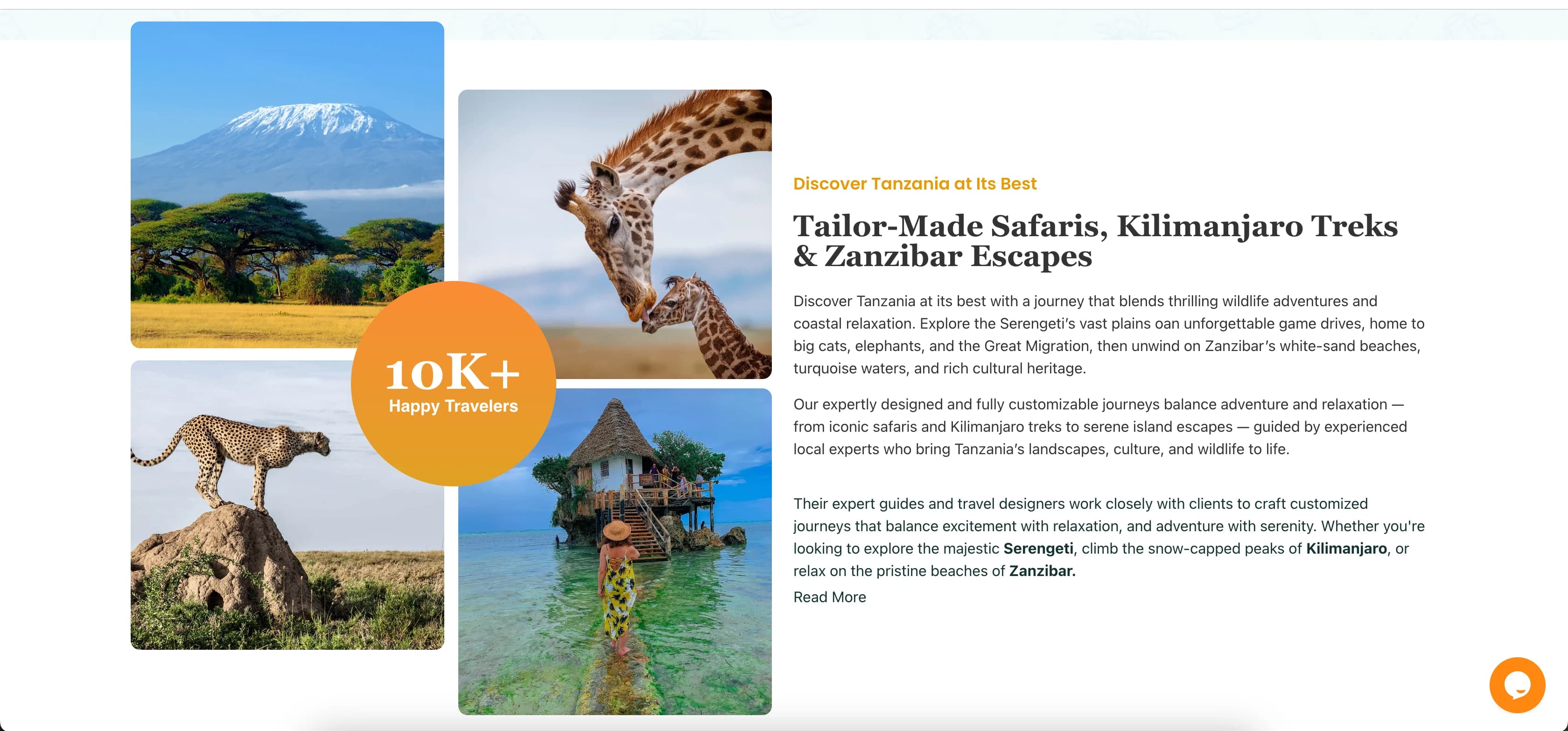 Mount Kilimanjaro, a giraffe and calf, a cheetah, and a Zanzibar island restaurant
