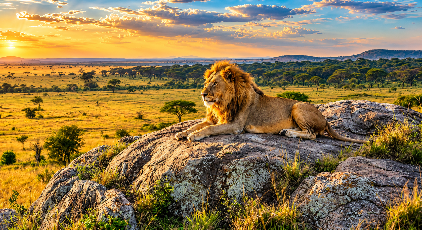 A lion overlooking the Tanzanian savanna