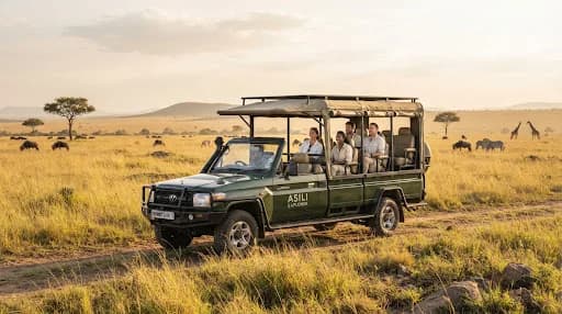 A customized luxury open-sided green safari Land Cruiser standing on the golden savannah plains of Serengeti Tanzania under warm soft afternoon light, with acacia silhouettes and pristine nature