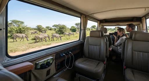 Interior passenger view of a luxury safari 4x4 Land Cruiser with wide leather seats, camera charging docks, and wide open viewing windows framing wild zebras grazing, bright clear natural light