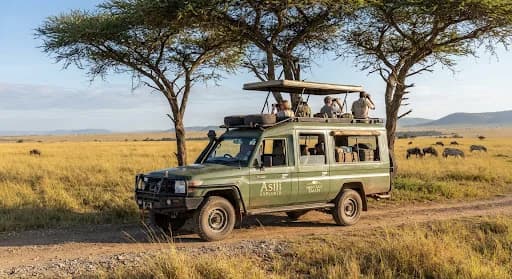 Custom green safari Toyota Land Cruiser with extended chassis and open pop-up observation roof parked under shade trees in the Serengeti with golden grassland surrounding it, crisp morning light, high resolution editorial photograph