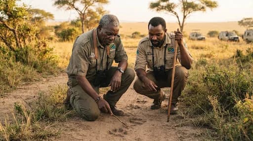 Portrait of two veteran Tanzanian safari guides in canvas shirts and field binoculars inspecting animal tracks in golden morning light on the Serengeti plains, documentary editorial style, warm tones, natural foliage background