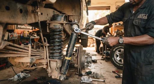 Close up shot of mechanical tools, heavy duty shock absorbers and suspension work inside an Arusha safari garage, warm ambient mechanics workshop, precision maintenance details