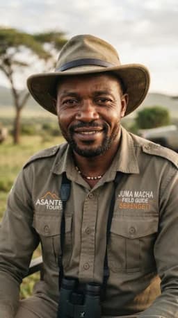 Close up warm portrait of Juma Macha wearing a professional field guide bush hat and safari uniform, deep confident expression, soft outdoor natural light, Arusha nature backdrop.