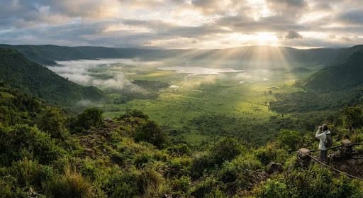 Dramatic lush green caldera of Ngorongoro Crater viewed from the rim in early morning mist with sunlight piercing down onto the crater floor.