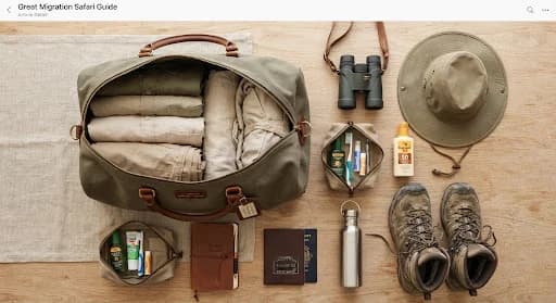 High quality overhead view of a well-organized safari duffel bag with neutral linen clothing, binoculars, wide brim hat, sunscreen and safari boots ready for Tanzania.