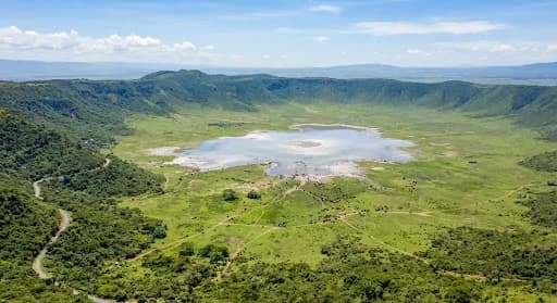 Stunning aerial view looking into the lush green caldera bowl of Ngorongoro Crater with soda lake Magadi shimmering in midday sun and small black dots of elephant herds roaming on grassy crater floor, emerald green volcanic walls.